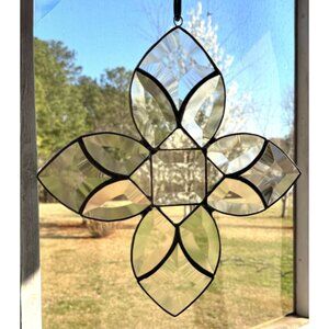 Beveled Leaded Glass Suncatcher 4 Pedal Lotus Flower Shaped